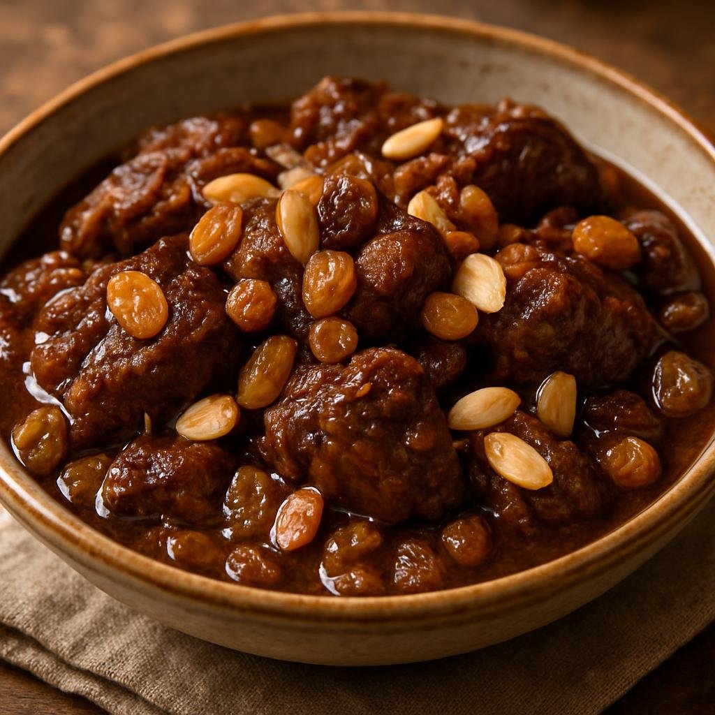 Entree: Morocco – Moroccan Jewish Cuisine – مروزية ➤ Mrouzia (Festive sweet-and-spiced lamb stew with honey, raisins, and toasted almonds) recipe