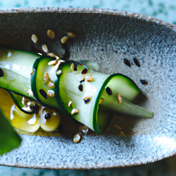 Appetizer: Japan – 柚子をきかせたきゅうりの酢の物 焙煎ごまとわかめ ▶ Yuzu O Kikaseta Kyuri No Sunomono Baizen Goma to Wakame (Yuzu-Kissed Cucumber Sunomono with Toasted Sesame and Wakame) recipe