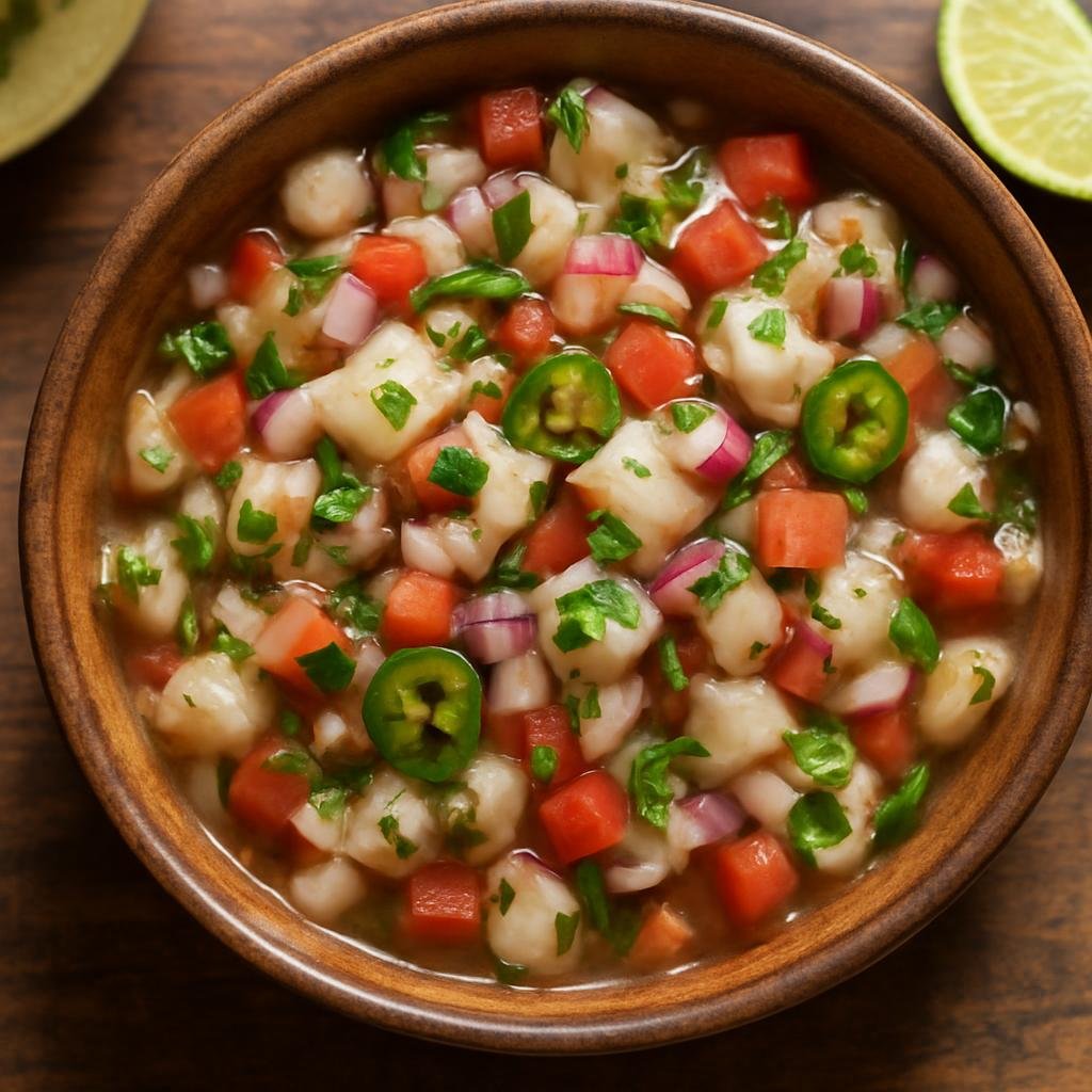 Entree: Mexico – Guerrero – Ceviche Acapulqueño (Fresh raw white fish cured in lime juice mixed with tomato, onion, chiles and cilantro) recipe