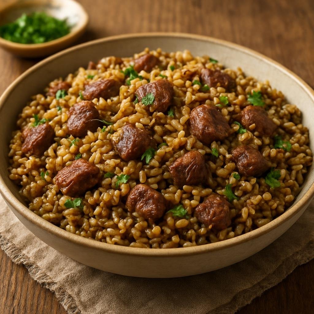 Entree: Turkey – Gaziantep – Firik Pilavı (Smoked green wheat and rice pilaf typically cooked with lamb and aromatics) recipe