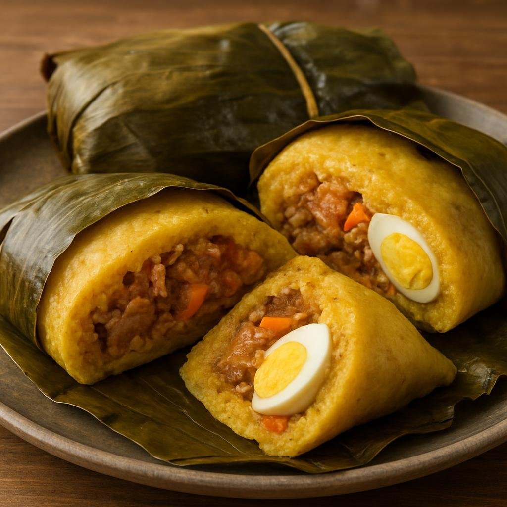 Entree: Colombia – Central Culinary Region – Tamales Tolimenses (Large Colombian steamed corn dough pockets filled with seasoned pork, chicken, vegetables, and hard‑boiled egg, wrapped in plantain leaves) recipe