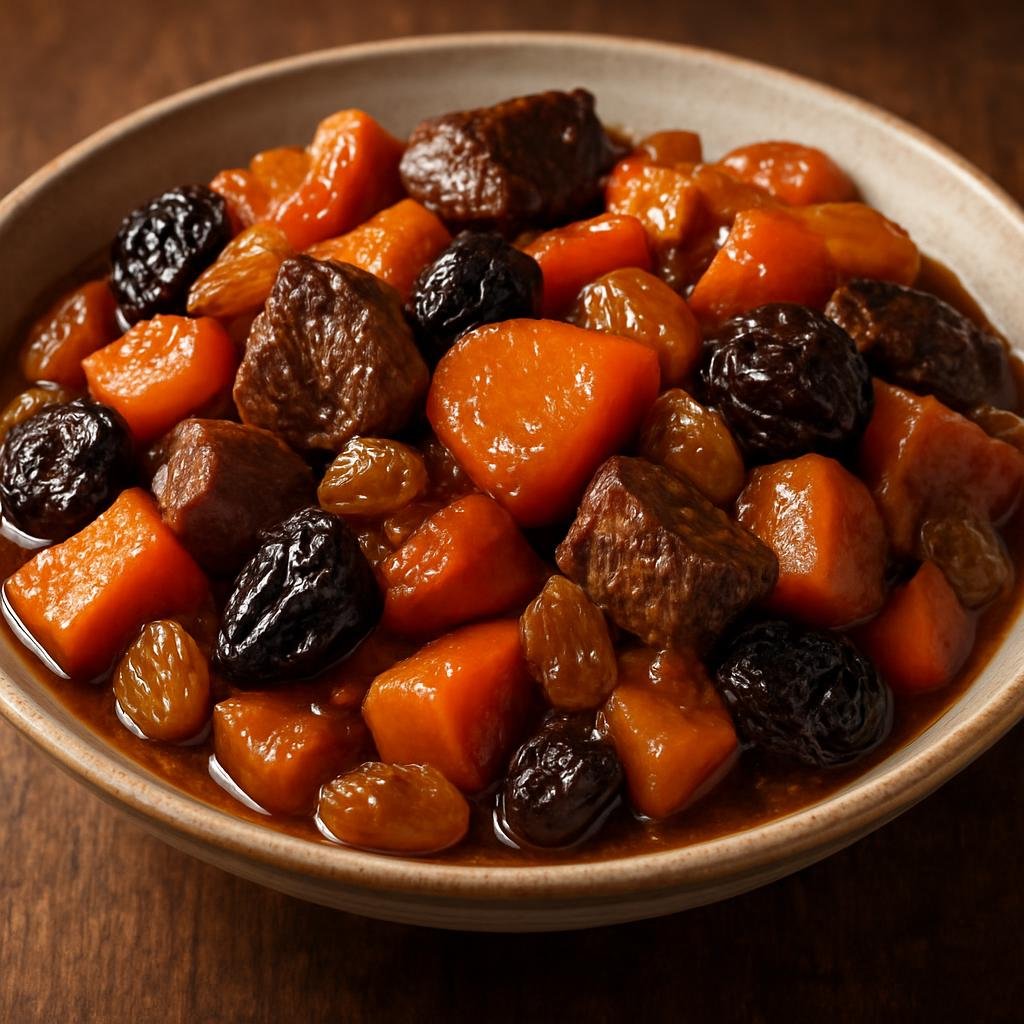 Entree: Poland – Polish Jewish Cuisine – Tzimmes (Slow-braised sweet stew of root vegetables, dried fruit, and beef glazed with honey and citrus) recipe