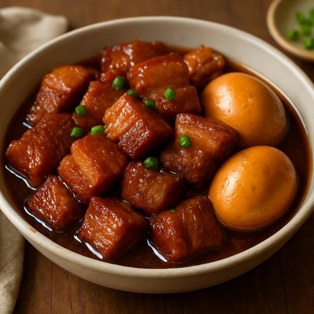 Entree: Vietnam – Northern Vietnam – Thit Kho Tau (Caramel-braised pork belly with hard-boiled eggs in a savory-sweet coconut-infused sauce) recipe