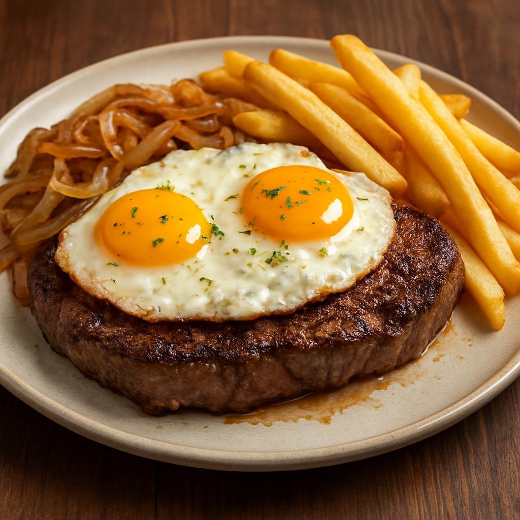 Entree: Chile – Santiago – Lomo a lo Pobre (Pan-seared steaks topped with fried eggs, served with sautéed onions and french fries) recipe