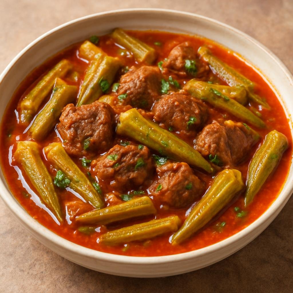 Entree: Egypt – Upper Egypt – بامية ➤ Bamia (Egyptian okra stew with lamb in a spiced tomato broth) recipe