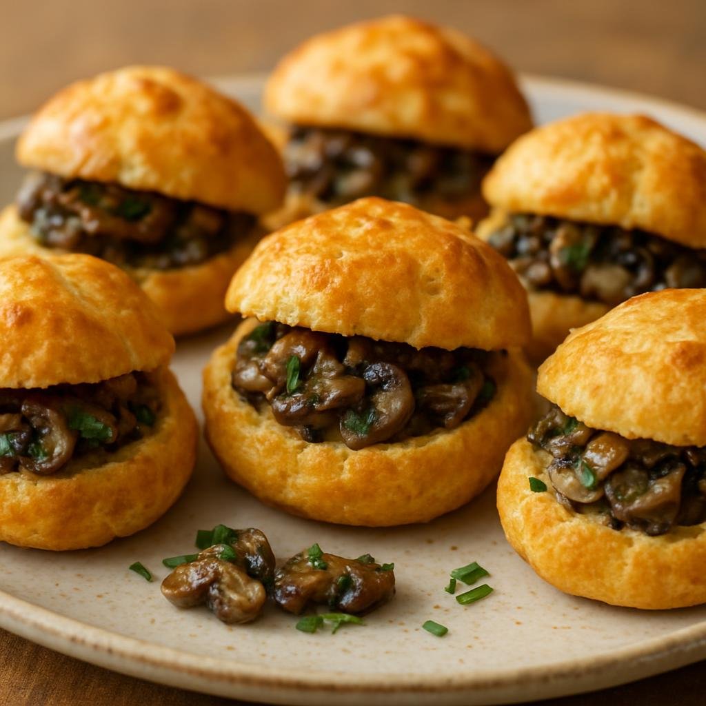 Entree: France – Burgundy – Gougères Stuffed with Mushrooms (Savory cheese choux pastry puffs filled with a buttery sautéed mushroom mixture) recipe