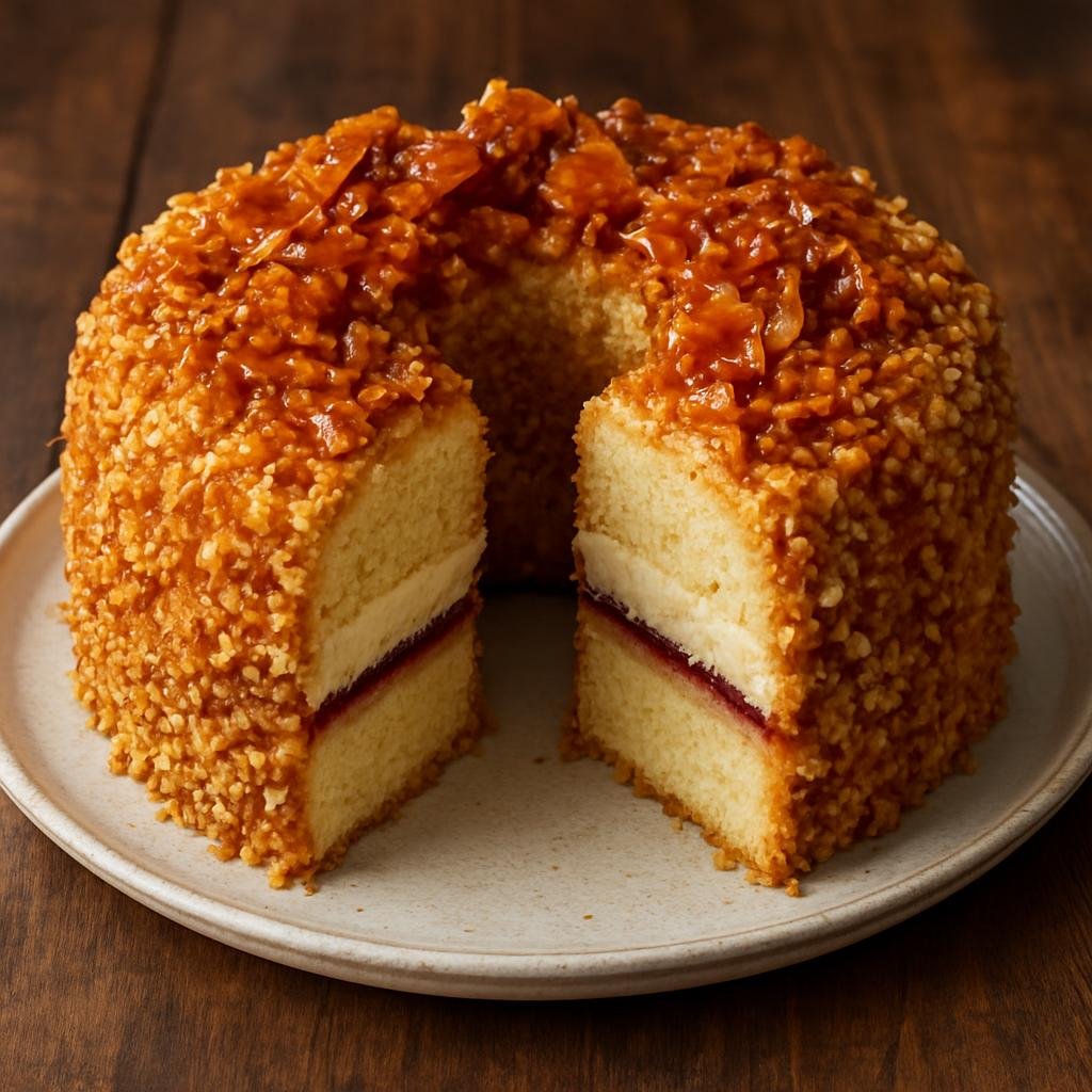 Entree: Germany – Hesse – Frankfurter Kranz (Traditional Hessian ring-shaped butter sponge cake layered with jam and buttercream topped with caramel brittle) recipe