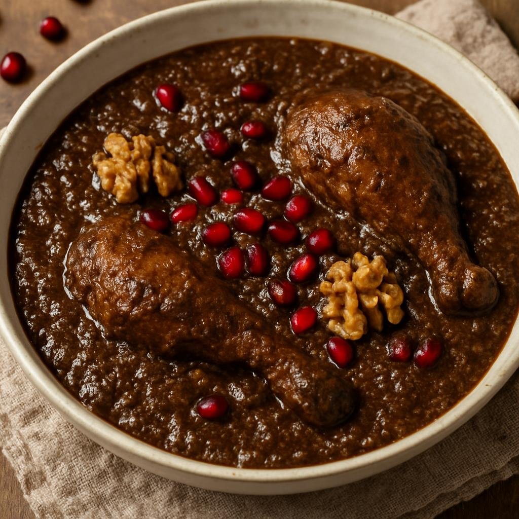 Entree: Iran – Kurdish Iran – خورشت فسنجان ➤ Khoresht-e Fesenjān (Slow-simmered walnut and pomegranate stew typically cooked with poultry) recipe