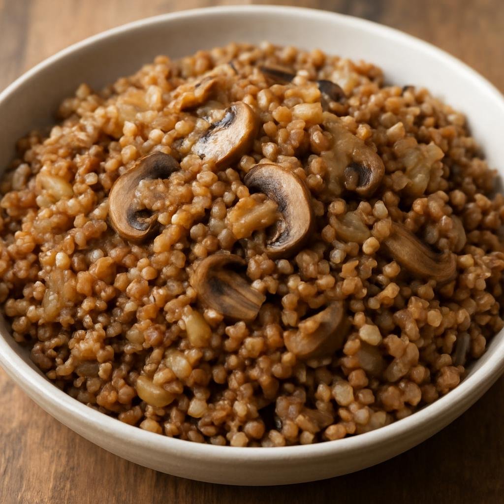 Entree: Poland – Polish Jewish Cuisine – Kasha Pilaf (Buckwheat groats cooked with sautéed onions and mushrooms into a savory pilaf) recipe