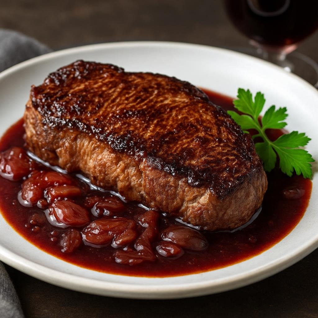Entree: France – Burgundy – Charolais Beef Steak (Pan-seared steak from Charolais beef served with a classic Burgundy-style red wine and shallot sauce) recipe