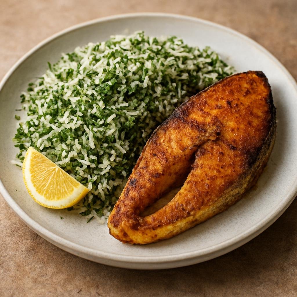 Entree: Iran – Kurdish Iran – سبزی پلو با ماهی ➤ Sabzi Polo ba Mahi (Fragrant herbed basmati rice traditionally served with seasoned fried or baked fish) recipe