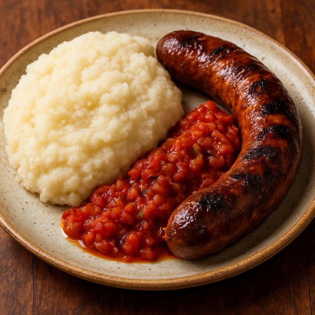 Entree: South Africa – South African Braai – Pap en Vleis (maize porridge with grilled sausage and tomato relish) recipe