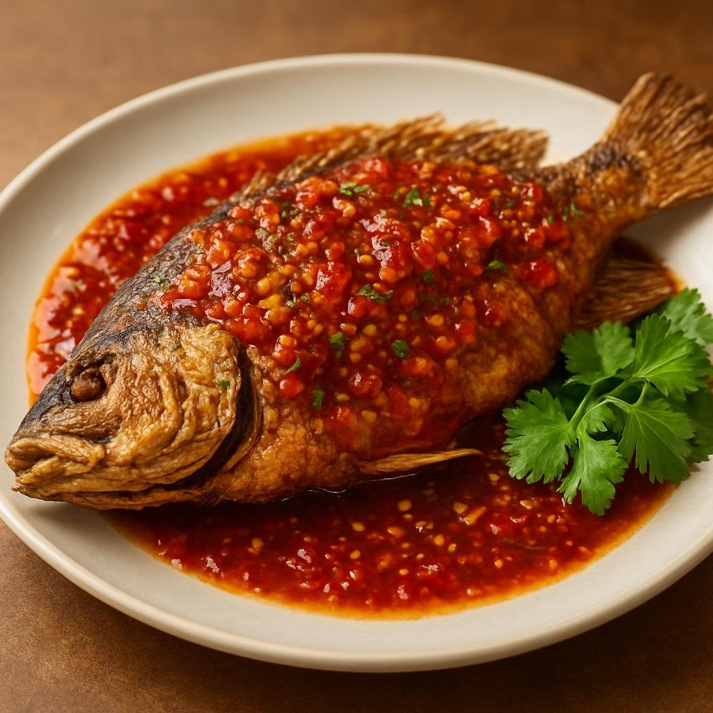 Entree: Thailand – Royal Thai Cuisine – ปลาราดพริก ➤ Pla rad prik (Whole deep-fried fish topped with a sweet-spicy garlic-chili sauce) recipe