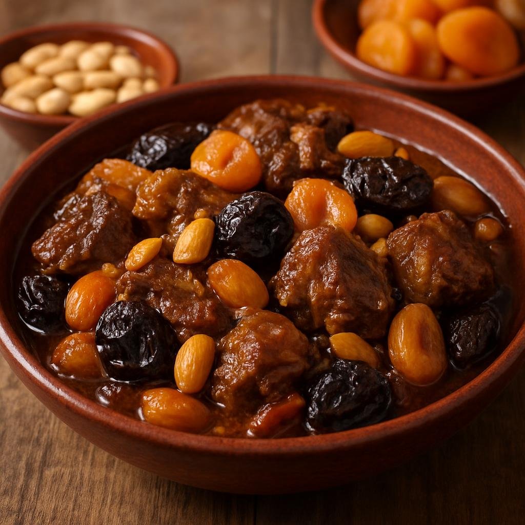 Entree: Algeria – Sahara Algeria – لحم لحلو ➤ Lham Lahlou (Algerian sweet stew of lamb simmered with dried fruits, sugar, and almonds) recipe