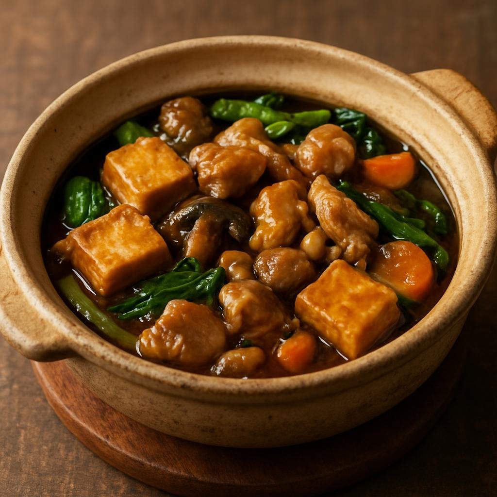 Entree: Indonesia – Chinese-Indonesian – Sapo Tahu (Claypot-style tofu and chicken in a savory brown sauce with vegetables) recipe