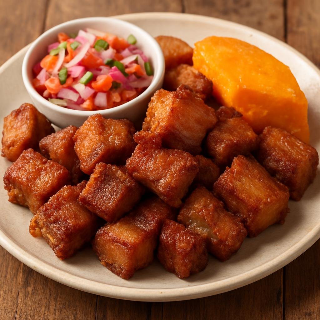 Entree: Peru – Lima / Criollo – Chicharrón de Cerdo (Crispy, twice-cooked Peruvian pork pieces braised with garlic and spices then crisp-fried, traditionally served with salsa criolla and sweet potato) recipe