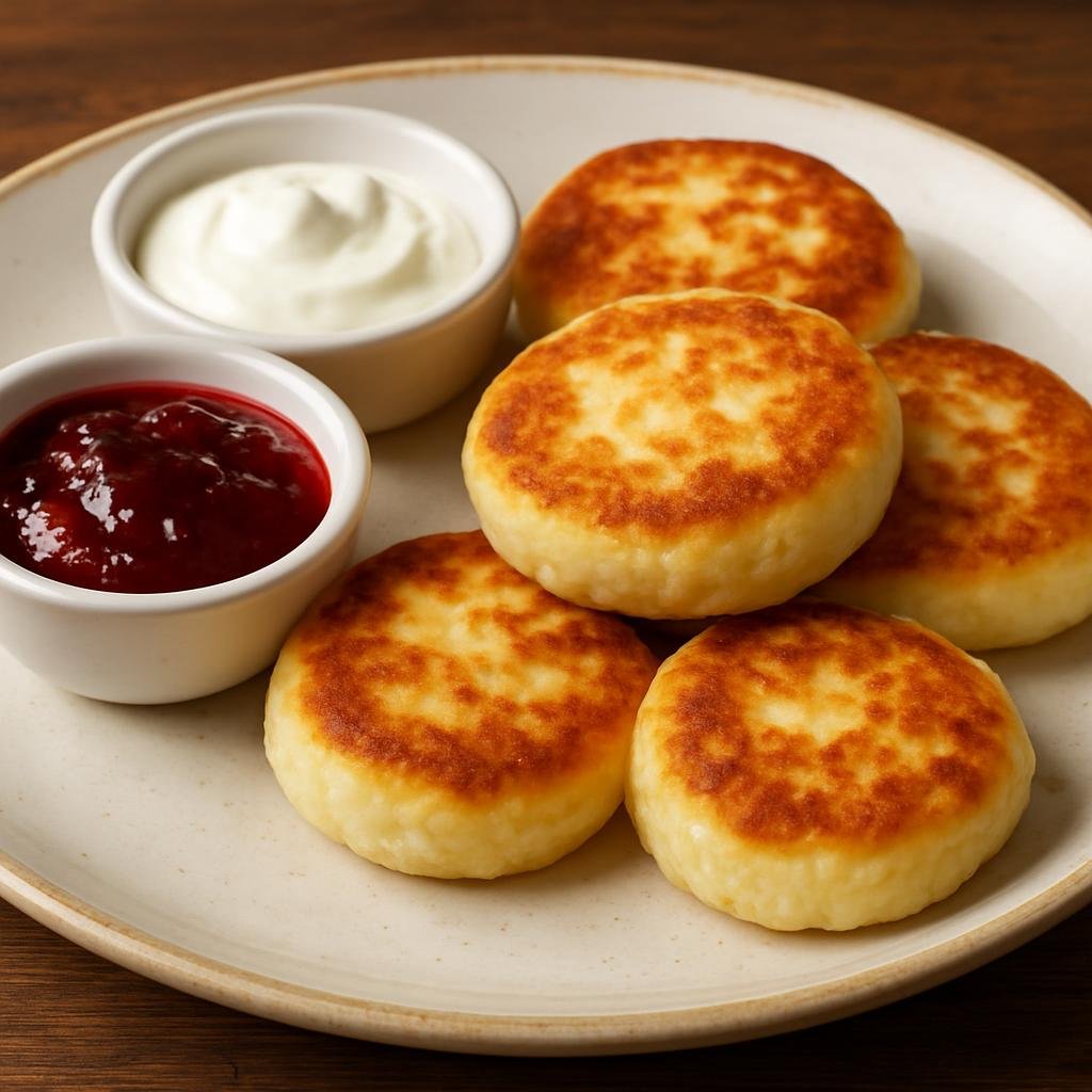 Entree: Ukraine – Western Ukraine – Сирники ➤ Syrnyky (Pan-fried cottage cheese pancakes served with sour cream or jam) recipe