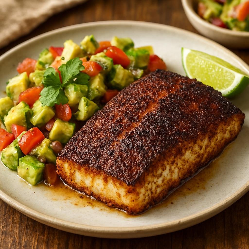 Entree: United States – California – Blackened Sea Bass with Avocado Salsa (Pan-seared sea bass coated in a smoky-spiced crust served with a fresh avocado and tomato salsa) recipe