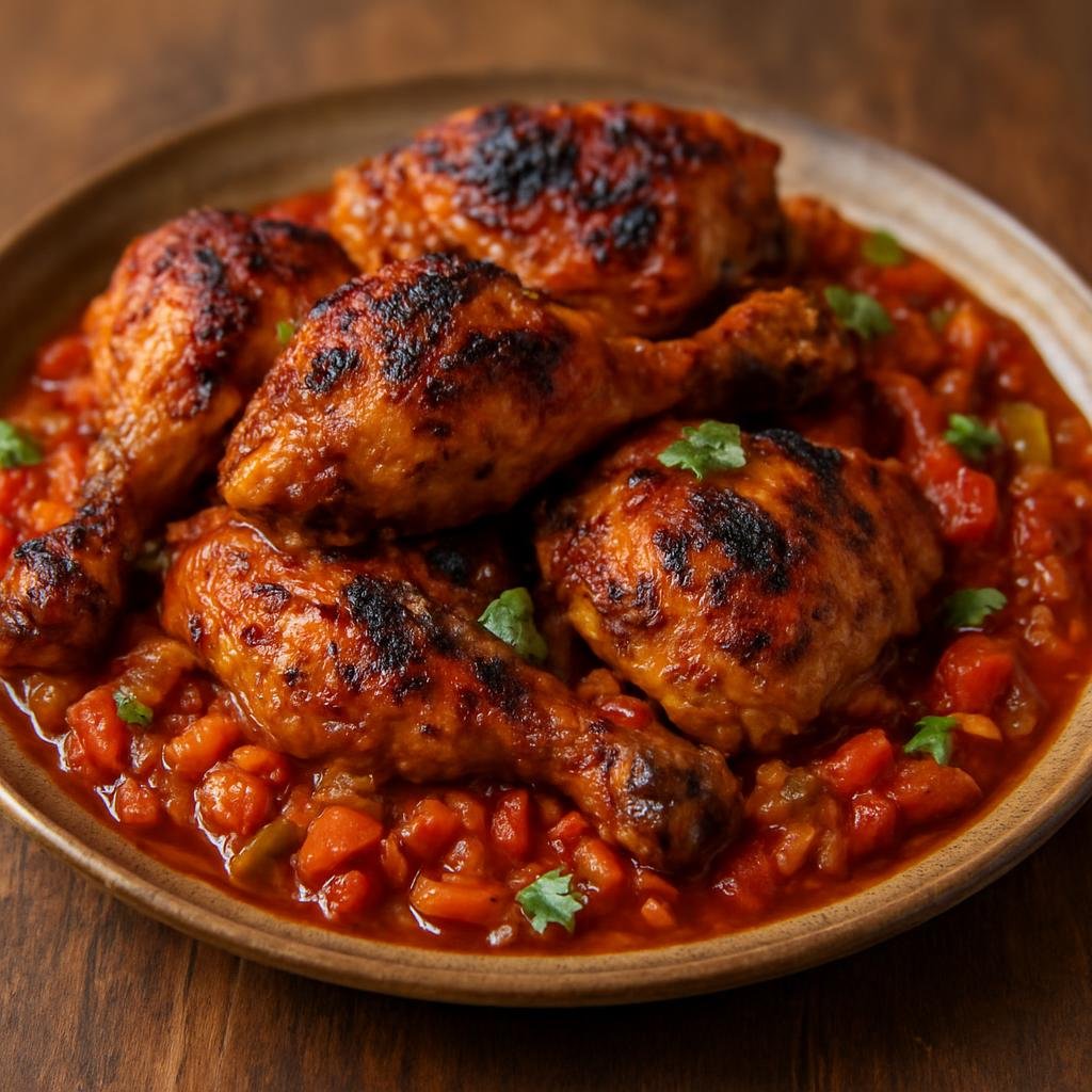 Entree: South Africa – South African Braai – Chakalaka Chicken (Braai-style chicken cooked with chakalaka, a spicy South African vegetable relish) recipe