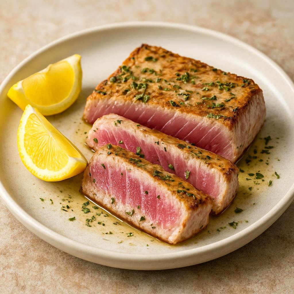 Entree: Australia – South Australia – Port Lincoln Bluefin Tuna (Fresh South Australian bluefin tuna steaks simply seared to showcase the fish, seasoned with native lemon-myrtle and lemon) recipe
