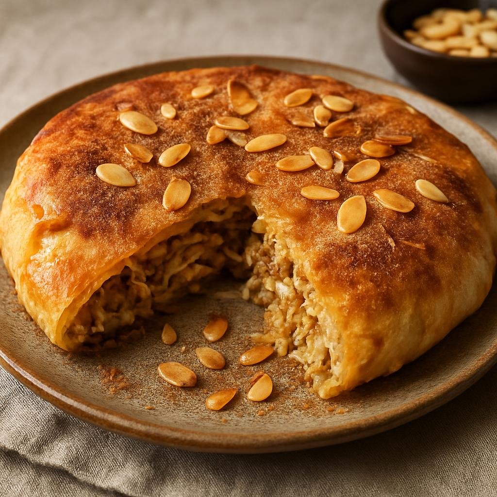 Entree: Morocco – Moroccan Jewish Cuisine – بسطيلة ➤ Bastila (Savory-sweet Moroccan pie of spiced shredded chicken wrapped in thin pastry with toasted almonds and cinnamon-sugar) recipe