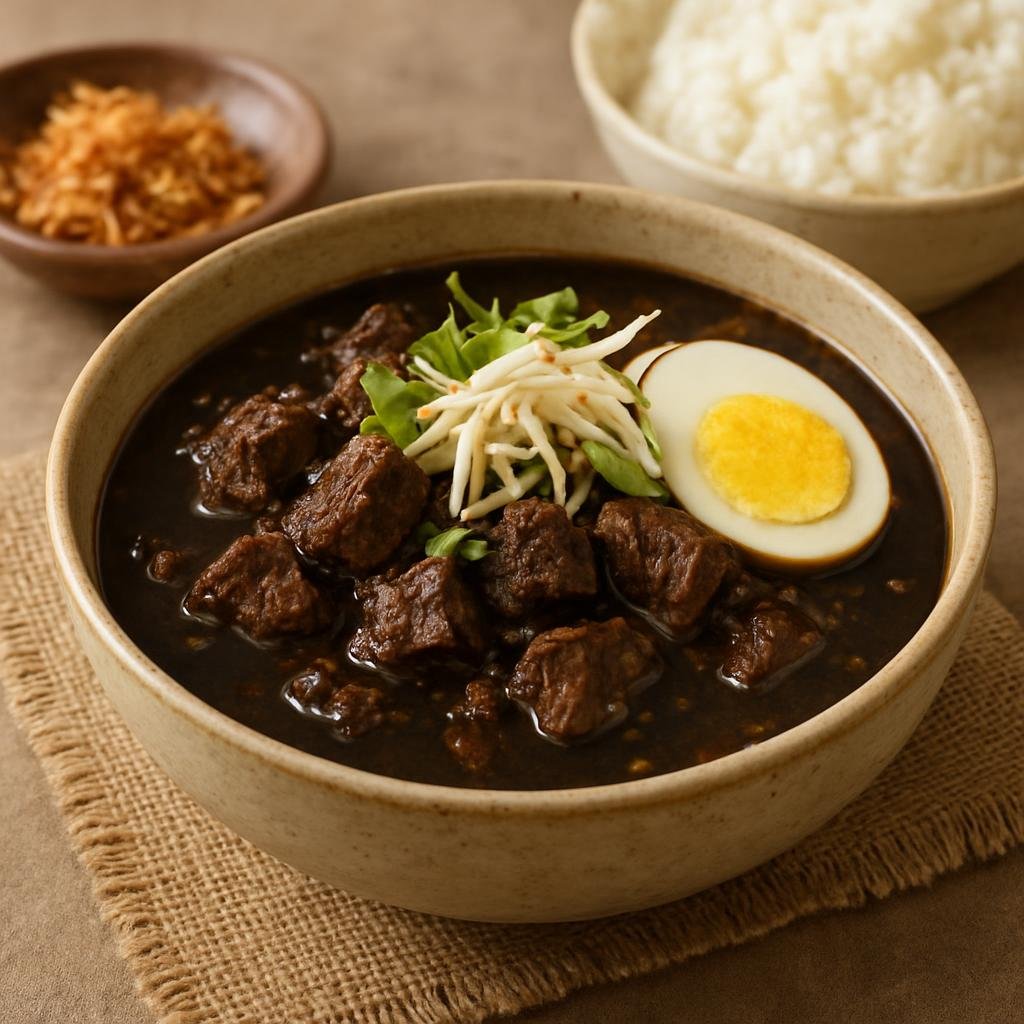 Entree: Indonesia – East Java – Rawon (East Javanese black beef soup flavored with keluak nut and aromatic spice paste) recipe