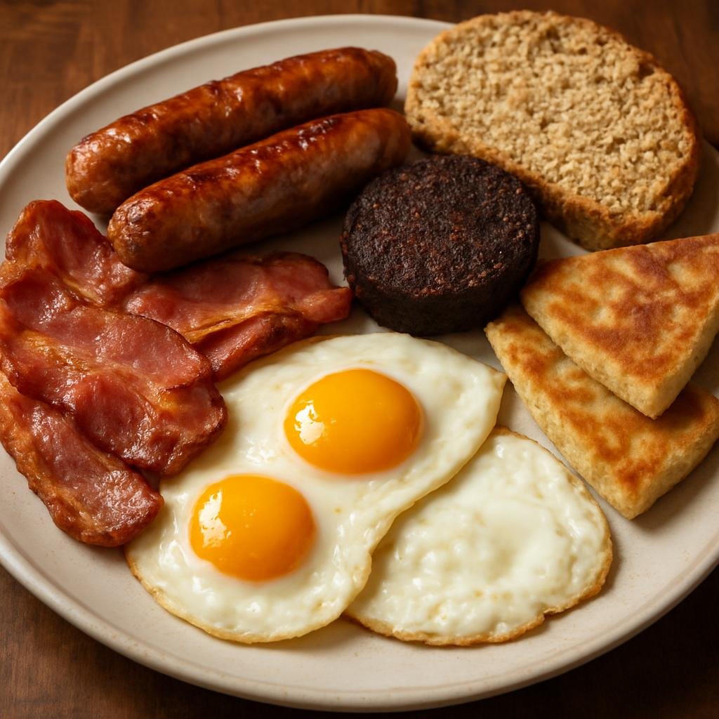 Entree: United Kingdom – Northern Ireland – Ulster Fry (Hearty Northern Irish fried breakfast plate combining bacon, sausages, eggs, black pudding, soda bread and potato farls) recipe