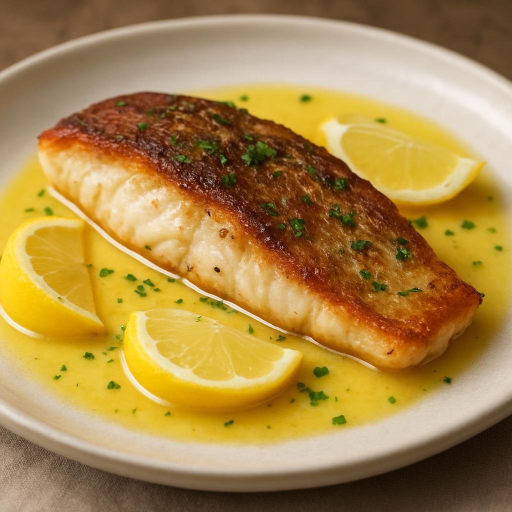 Entree: Australia – Sydney & New South Wales – Barramundi with Lemon Butter Sauce (Pan-seared Australian barramundi fillets served with a bright lemon and butter pan sauce) recipe