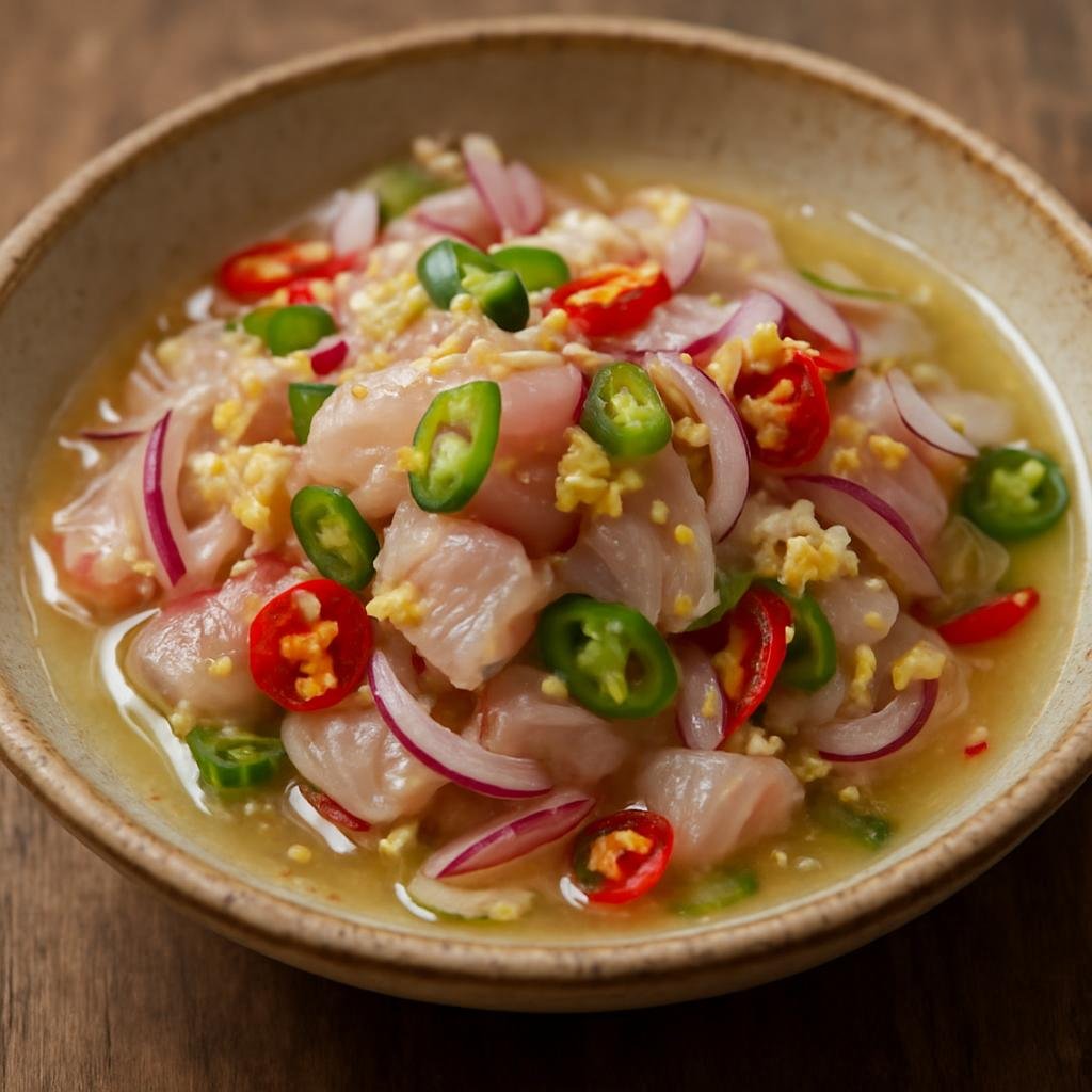 Entree: Malaysia – Sabah – Hinava (Raw fish salad from Sabah marinated in citrus with onions, chilies, and grated bambangan) recipe