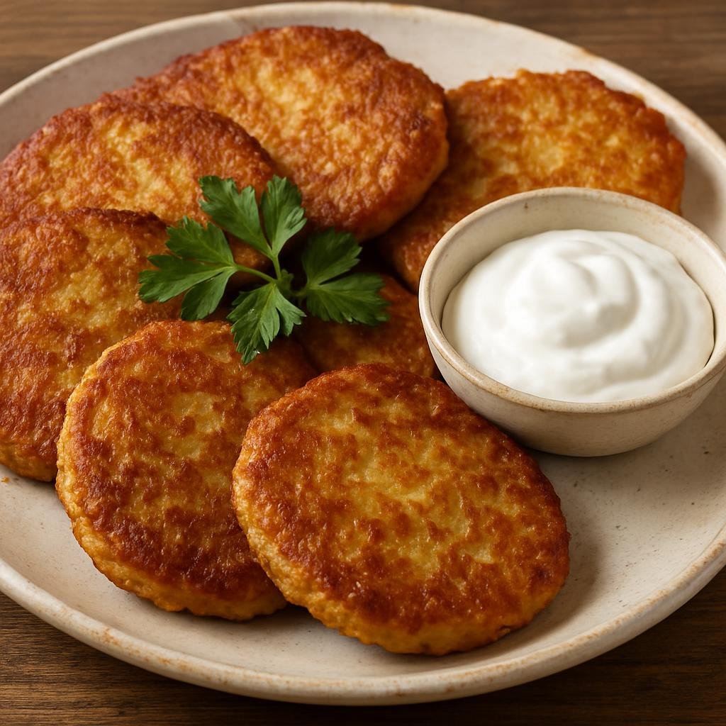 Entree: Poland – Pomerania – Kaszubskie Kotlety Ziemniaczane (Kashubian potato patties made from a mixture of mashed and grated potatoes, bound with egg and flour and pan-fried until golden) recipe