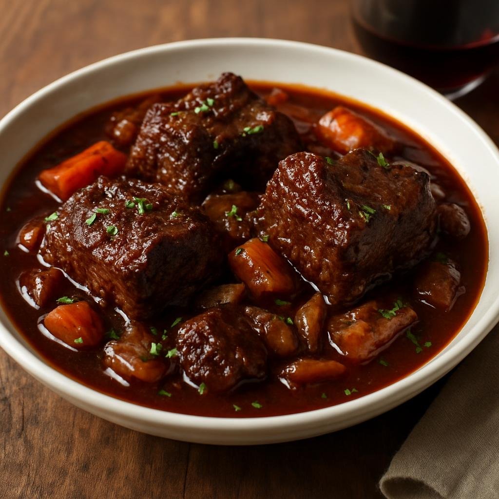 Entree: United States – California Wine Country – Braised Short Ribs with Red Wine (Slow-braised beef short ribs simmered in red wine and aromatics until fall-off-the-bone tender) recipe