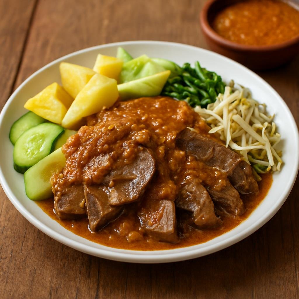 Entree: Indonesia – East Java – Rujak Cingur (East Javanese mixed fruit-and-vegetable salad with sliced boiled cow snout and savory peanut-shrimp sauce) recipe