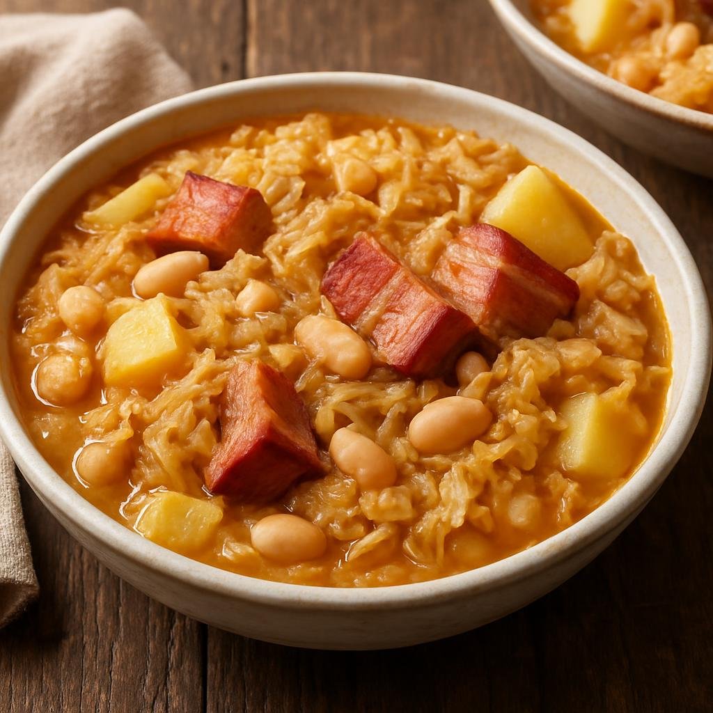 Entree: Italy – Friuli-Venezia Giulia – Jota (Hearty northeastern Italian stew of beans, sauerkraut, potatoes and smoked pork) recipe