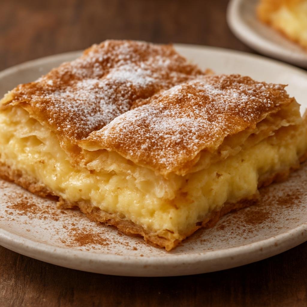 Entree: Greece – Macedonia / Northern Greece – Μπουγάτσα ➤ Bougatsa (Baked phyllo pastry filled with a creamy semolina custard, typically dusted with powdered sugar and cinnamon) recipe