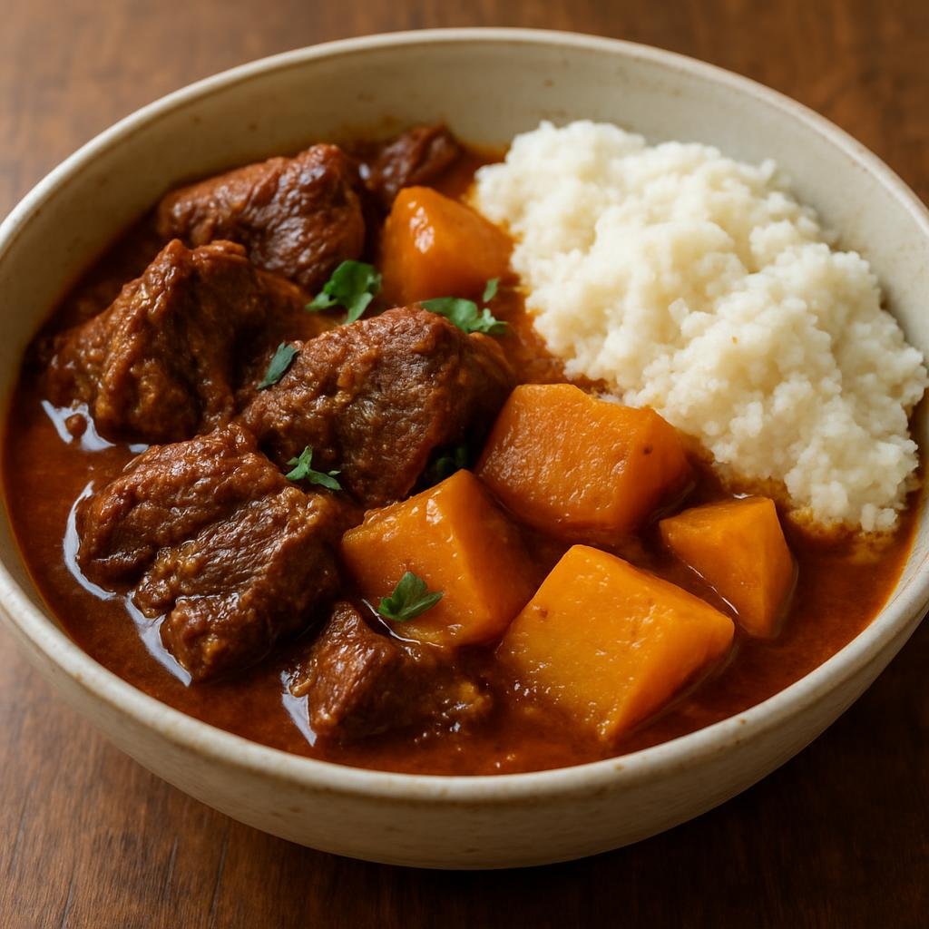 Entree: South Africa – Xhosa Cuisine – Umleqwa (Traditional Xhosa slow-cooked meat and pumpkin stew often served with maize meal) recipe