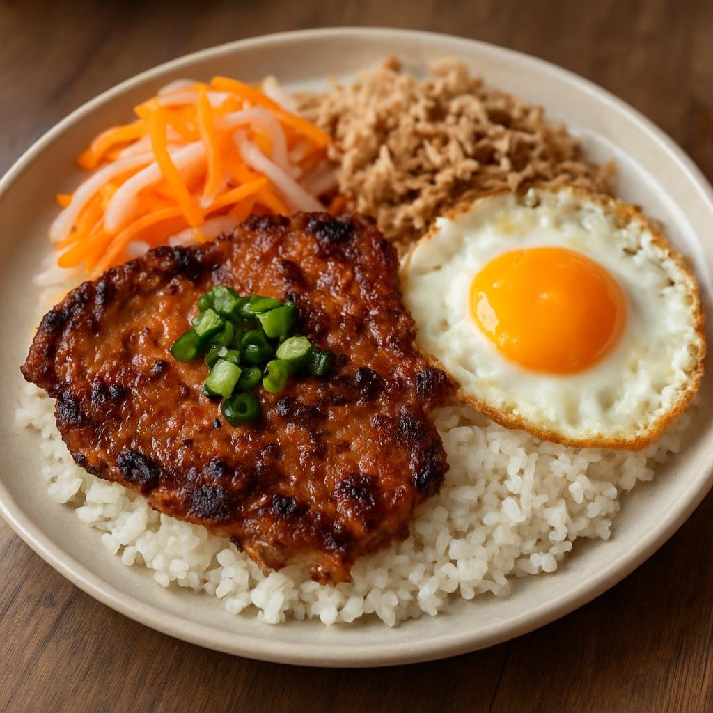 Entree: Vietnam – Saigon / Ho Chi Minh City – Cơm Tấm (Vietnamese broken-rice plate topped with grilled marinated pork, pickles, scallion oil, and optional egg and shredded pork) recipe