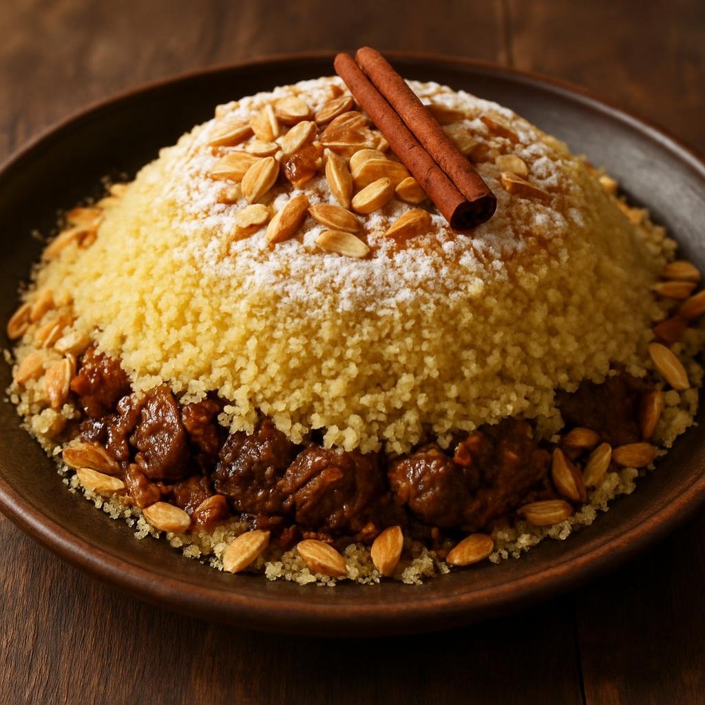 Entree: Morocco – Rif Mountains – السفة المدفونة ➤ Seffa Medfouna (Sweet steamed couscous layered over braised meat and topped with cinnamon, powdered sugar and toasted nuts) recipe