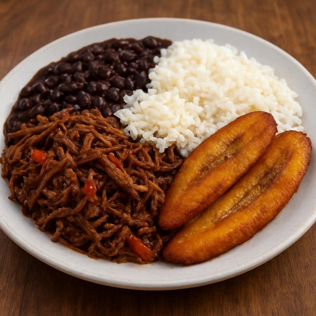 Entree: Colombia – Llanos – Pabellón Criollo (A platter of shredded braised beef served with black beans, white rice, fried sweet plantains, and crumbled white cheese) recipe