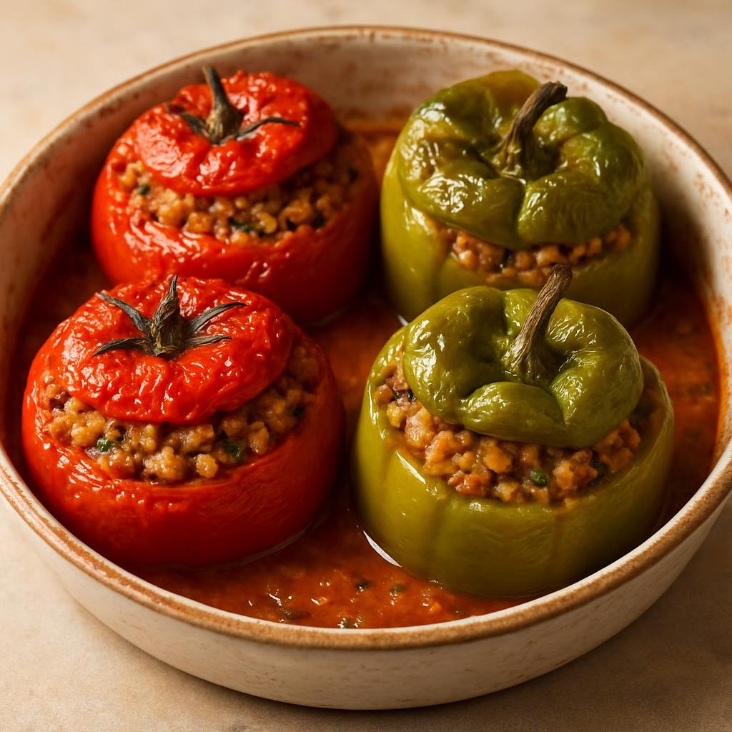 Entree: Greece – Macedonia / Northern Greece – Γεμιστά ➤ Yemista (Oven-baked tomatoes and peppers stuffed with herbed rice and meat) recipe