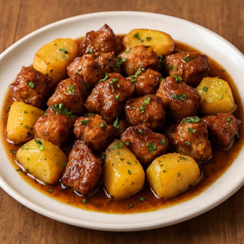 Entree: Portugal – Porto & North – Rojões à Moda do Minho (Pan-fried marinated pork cubes cooked in pork fat and wine, traditionally served with potatoes) recipe