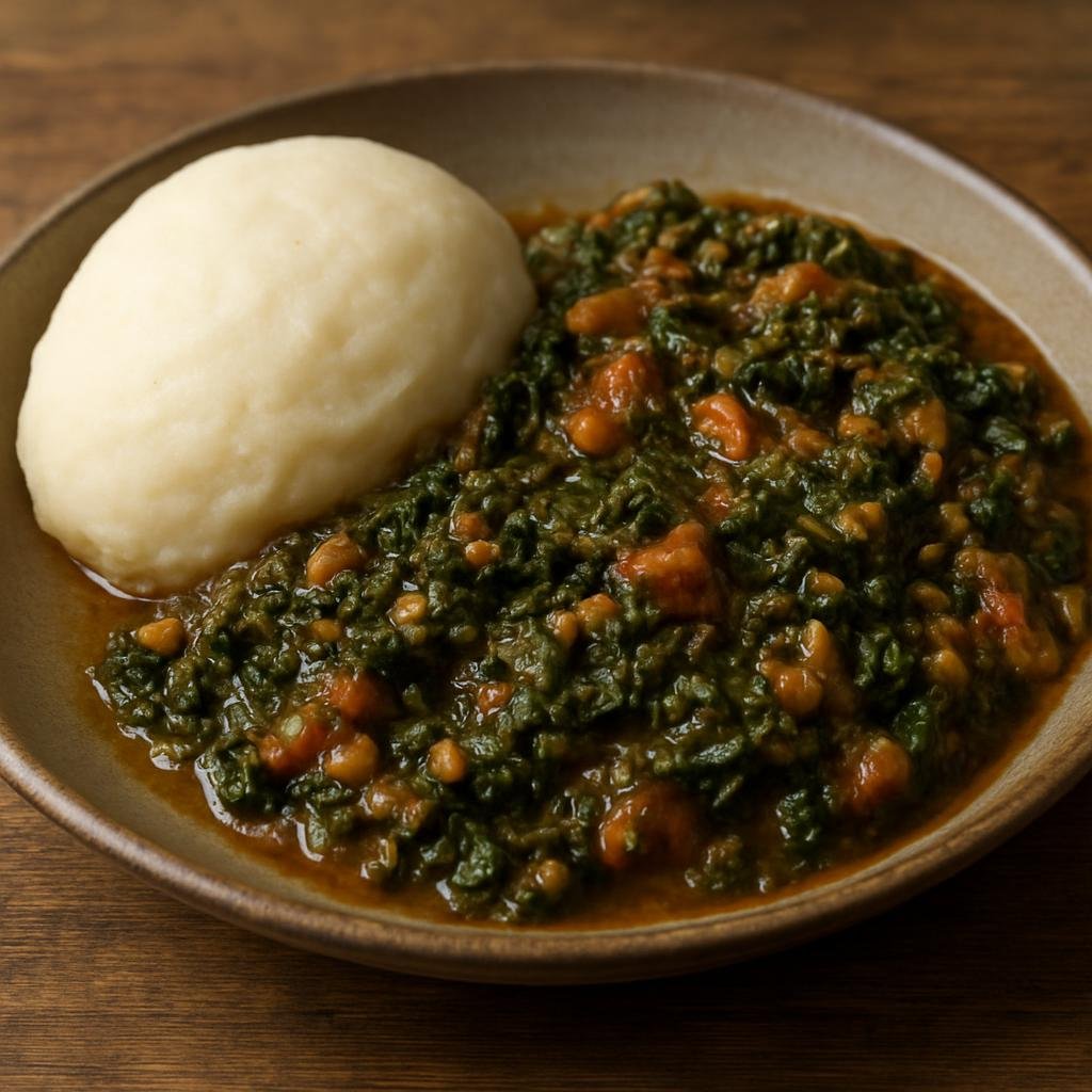 Entree: South Africa – Xhosa Cuisine – Umfino (Hearty stewed leafy greens cooked with onion and tomato, often enriched with peanut and served with stiff maize meal) recipe