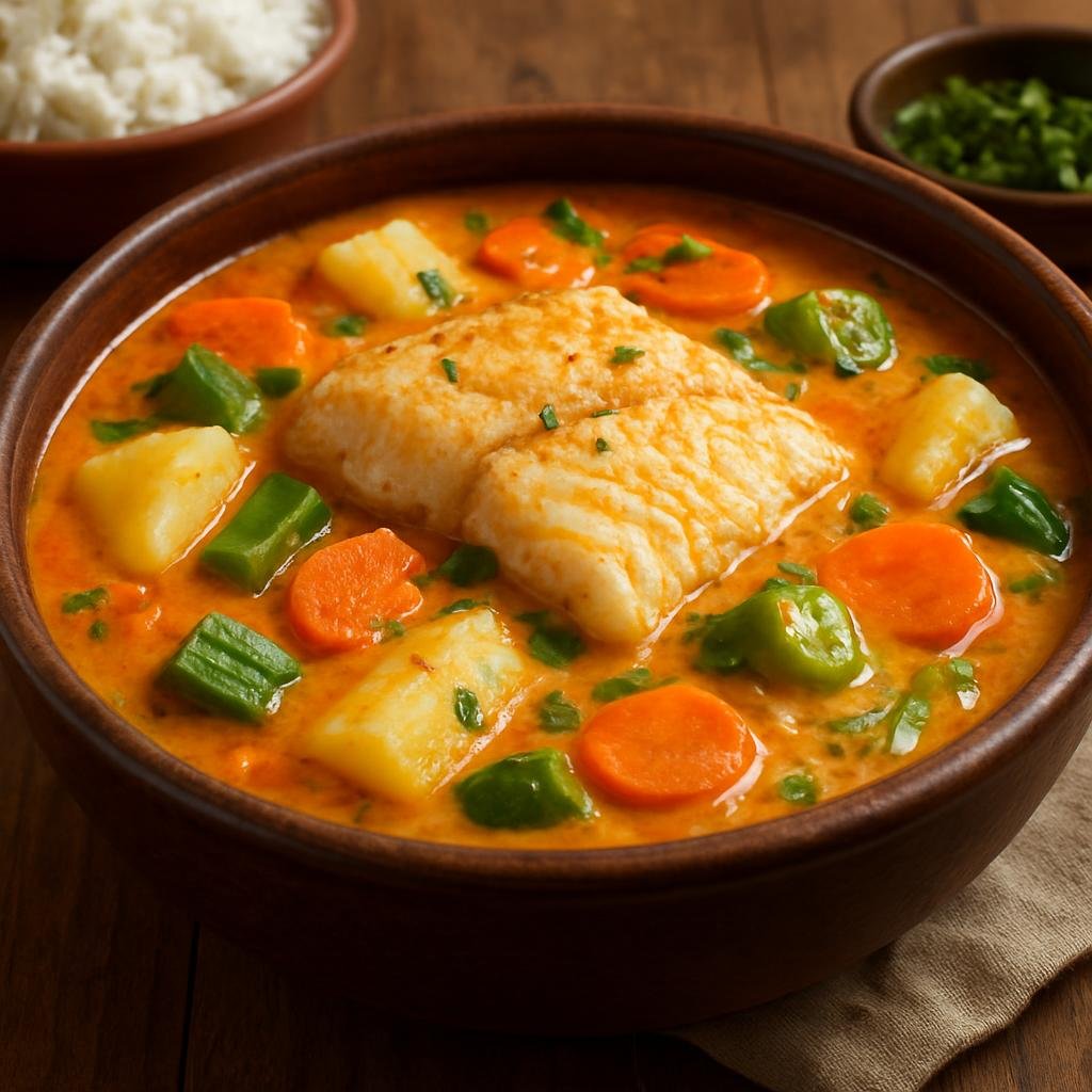 Entree: Brazil – Espirito Santo – Peixada Capixaba (Traditional Espírito Santo coconut-tomato fish stew with cassava and vegetables) recipe