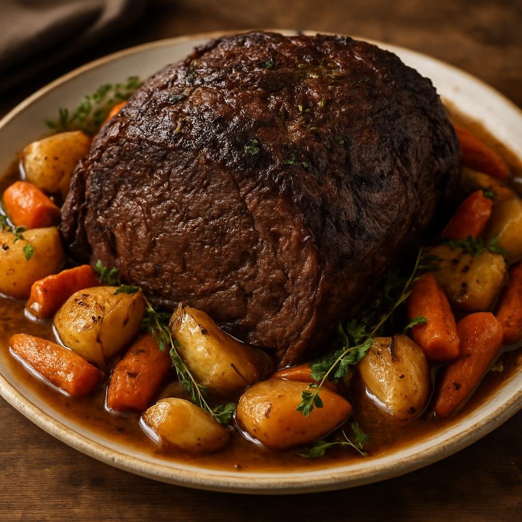 Entree: Canada – Northern Canada – Muskox Roast (Slow-roasted muskox joint seasoned and braised with aromatic herbs and root vegetables) recipe