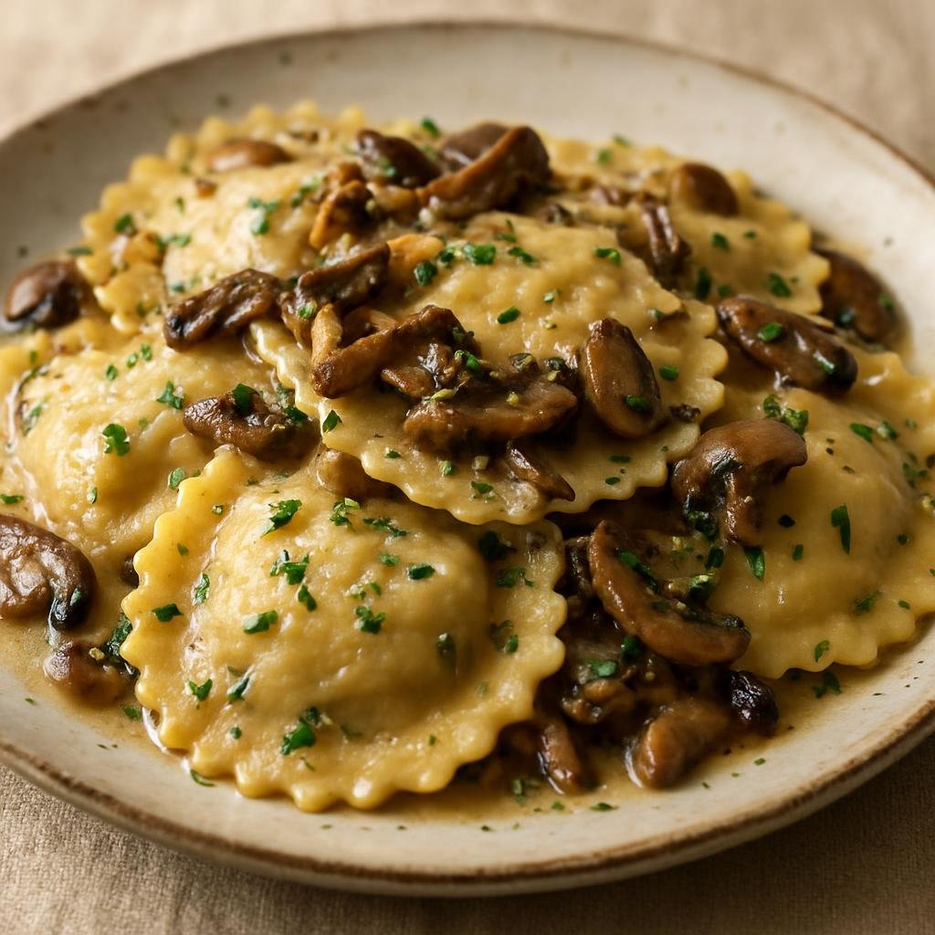 Entree: United States – California Wine Country – Wild Mushroom Ravioli (Handmade stuffed pasta pockets filled with sautéed wild mushrooms and ricotta) recipe