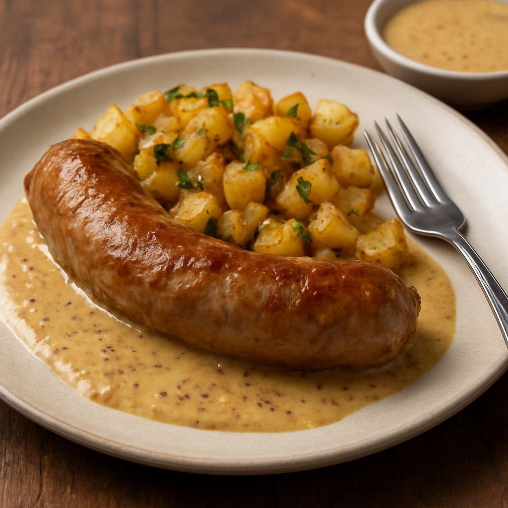 Entree: France – Central Culinary Region – Andouillette (Rustic coarse pork sausage made with chitterlings and tripe, traditionally pan-seared and served with a mustard-wine sauce) recipe
