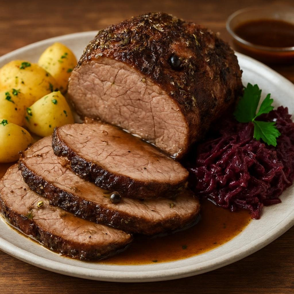 Entree: Germany – Lower Saxony – Heidschnuckenbraten (Roast of Heidschnucke moorland sheep seasoned with juniper, garlic, and herbs) recipe