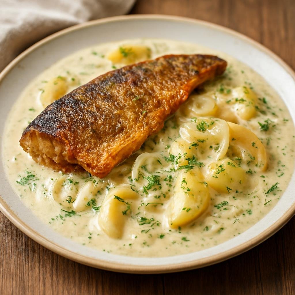 Entree: Poland – Pomerania – Kaszubski Karp (Kashubian-style carp pan-fried and braised in a creamy onion-apple dill sauce) recipe