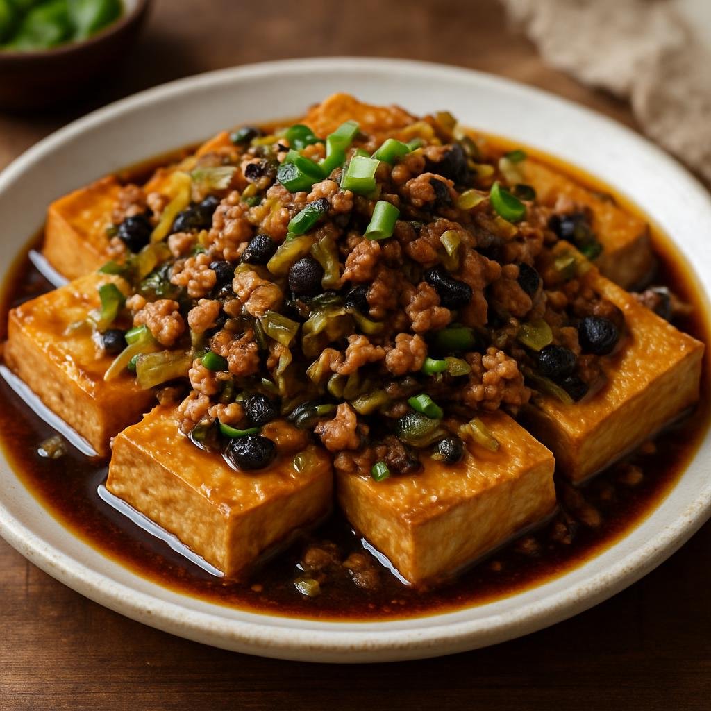 Entree: China – Guangxi – 贺州豆腐 ➤ Hèzhōu Dòufu (Hezhou-style braised firm tofu with minced pork, fermented black beans, and pickled mustard greens) recipe