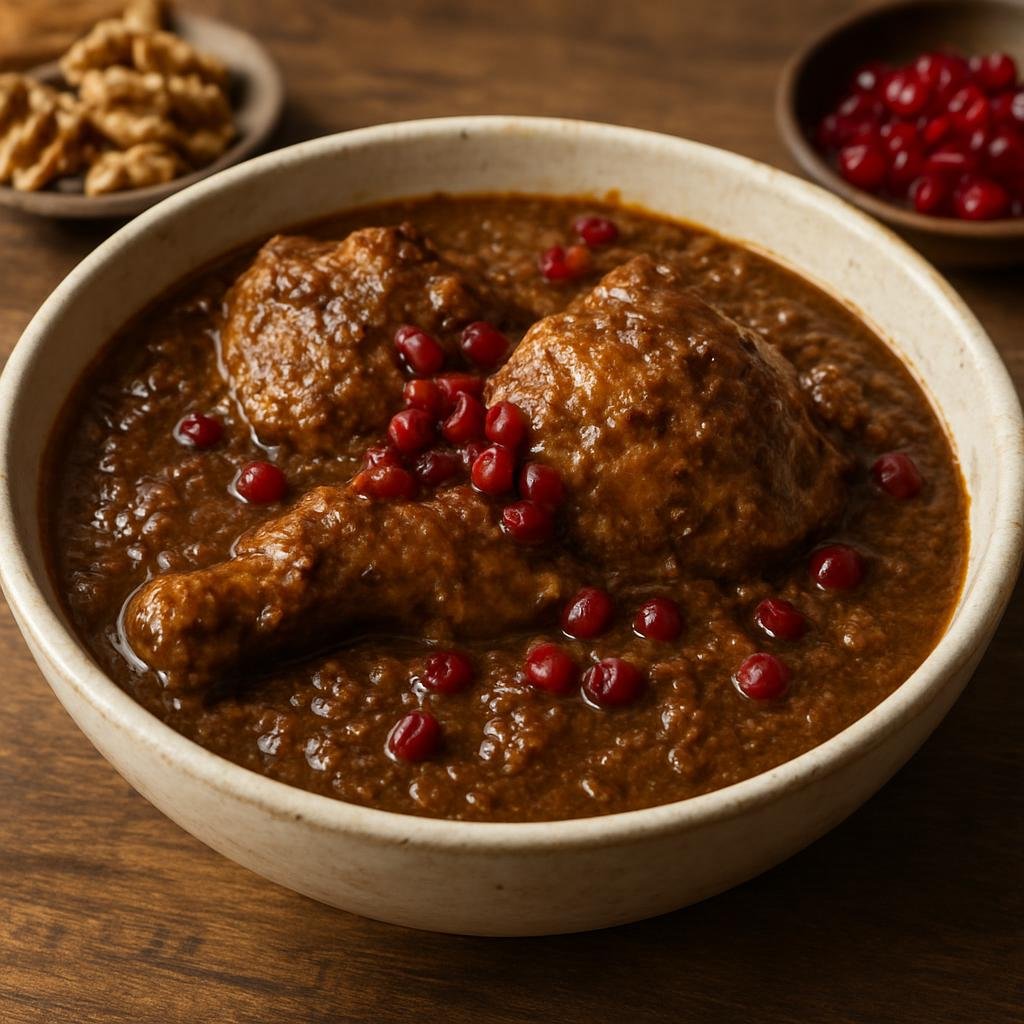 Entree: Iran – Mazandaran – فسنجان ➤ Fesenjān (Rich Persian stew of poultry simmered in a walnut and pomegranate sauce) recipe