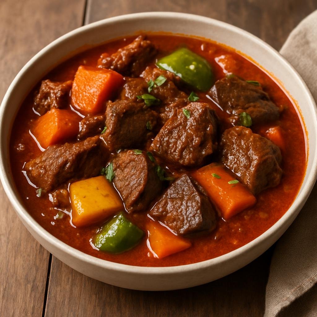Entree: Philippines – Tagalog / Manila – Kaldereta (Filipino braised beef stew in a tomato-based sauce with liver and vegetables) recipe